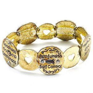 Inspirational Disc Stretch Bracelet Gold Tone Self Control Faith Patience Joy